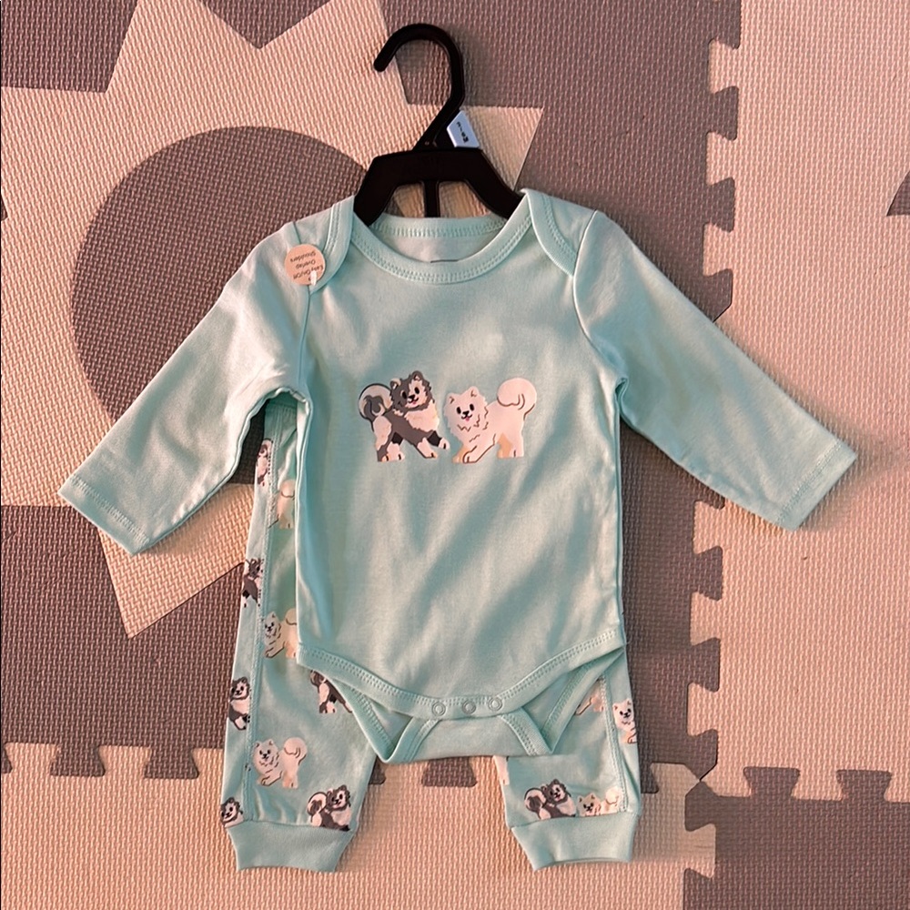 Paris Hilton Blue Puppy Print Baby Onesie Set